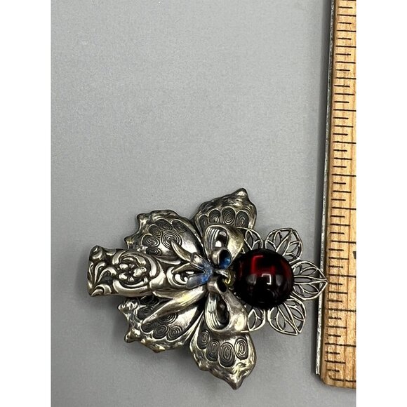 Vintage Rogers Signed Angel Brooch Pin Silver Plate Red Stone 1.5” Floral Bow - Picture 6 of 7